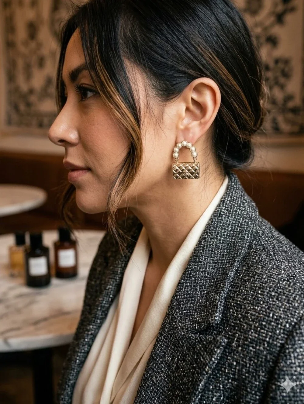 Gold Quilted Pearl-Handle Women’s Bag Earrings